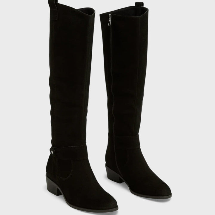 Bree™ black suede tall boots with side zip and buckle strap at ankle