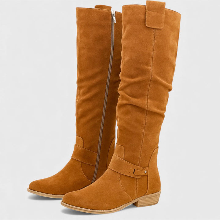 Bree™ tan suede tall boots with side zip and cuff buckle strap