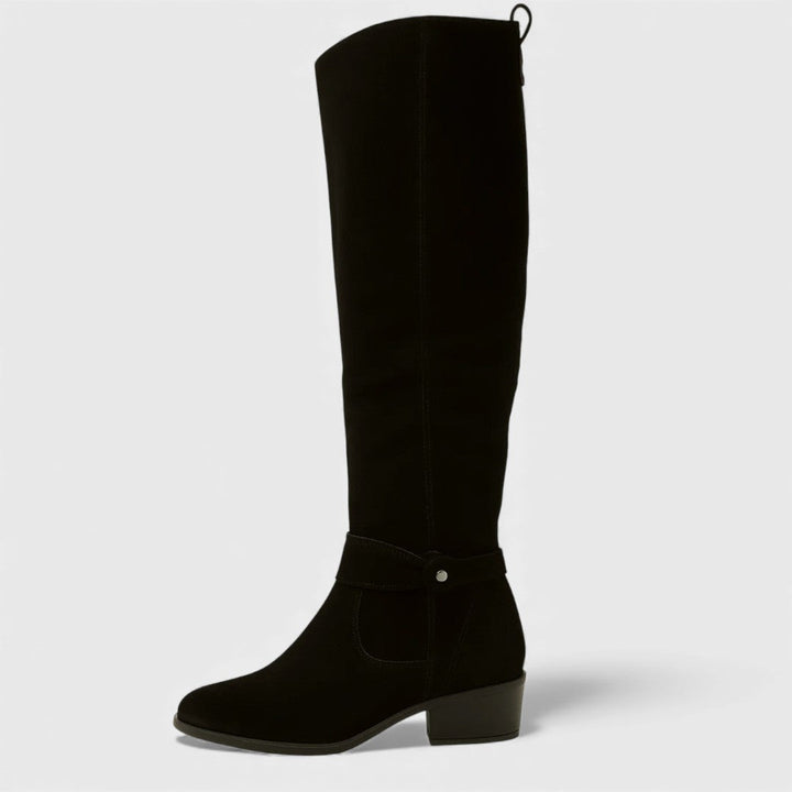 Bree™ black suede knee-high boots with cuff strap and low block heel