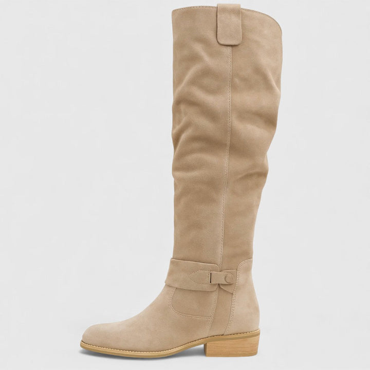 Bree™ tall beige suede boots with foldover cuff and side buckle strap