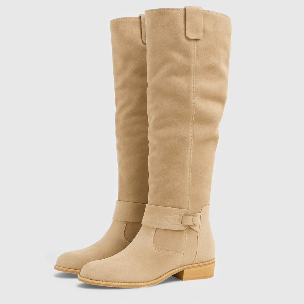 Bree™ beige knee-high suede boots with buckle strap and low stacked heel
