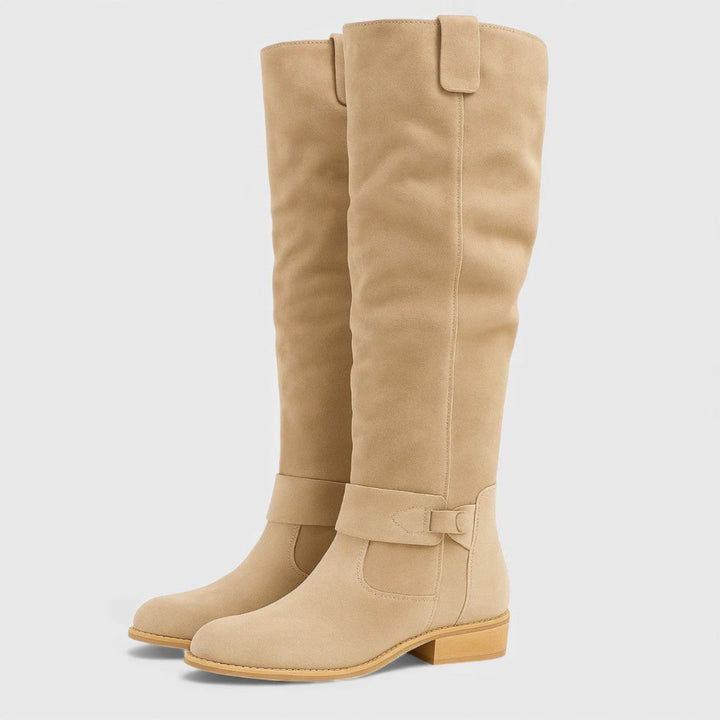 Bree™ beige knee-high suede boots with buckle strap and low stacked heel
