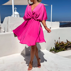 Women's short-sleeve draped dress with gathered waist, bright pink