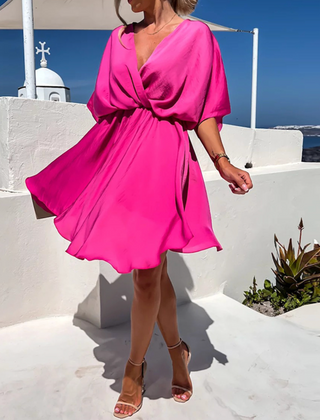 Women's short-sleeve draped dress with gathered waist, bright pink