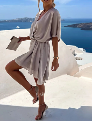Women's short-sleeve draped dress with gathered waist, light gray