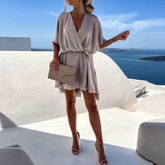 Light gray V-neck mini dress with tie waist and short loose sleeves