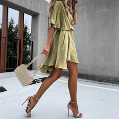 Khaki V-neck mini dress with draped tie waist and short flutter sleeves