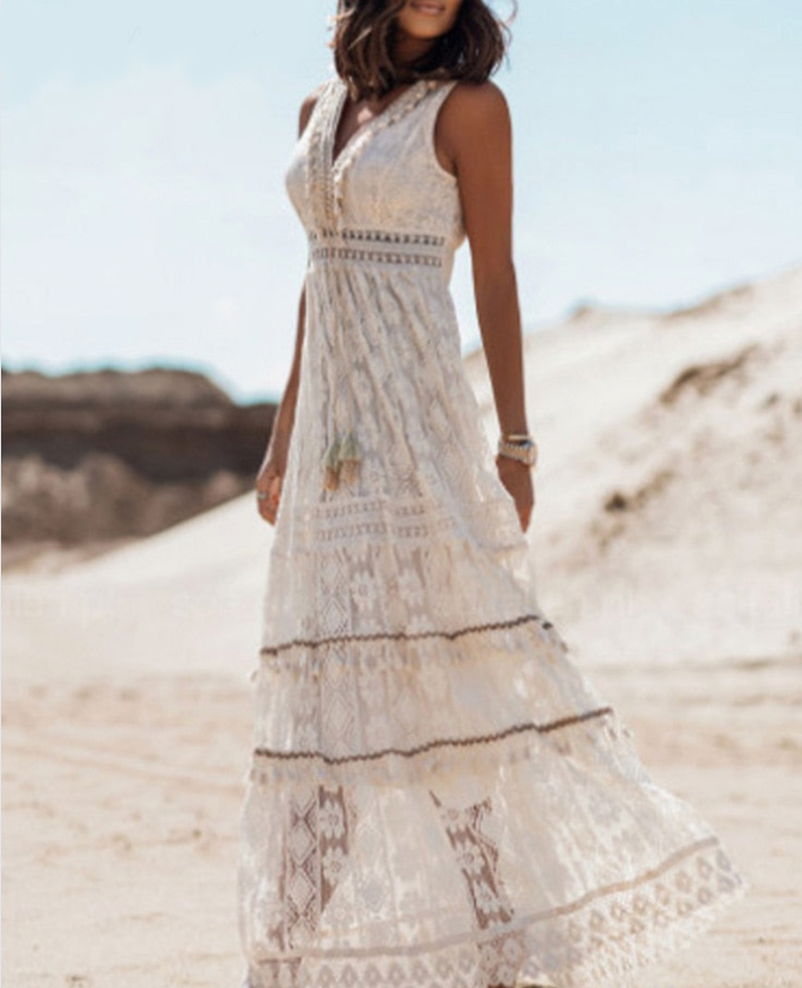 Beige boho maxi dress, sleeveless V-neck with embroidered trim and tiered skirt