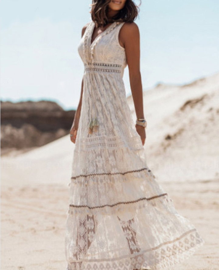 Beige boho maxi dress, sleeveless V-neck with embroidered trim and tiered skirt