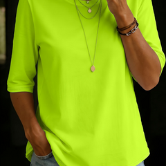 Neon green crewneck comfort tee with 3/4 sleeves and draped fit