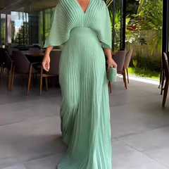 Mint green ribbed V-neck maxi dress with gathered waist and 3/4 sleeves