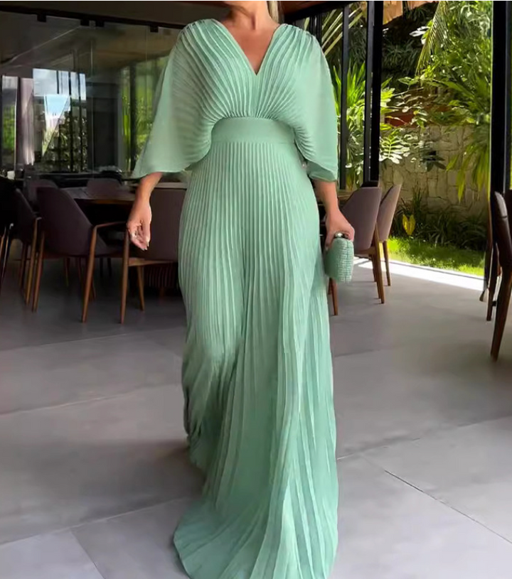 Mint green ribbed V-neck maxi dress with gathered waist and 3/4 sleeves