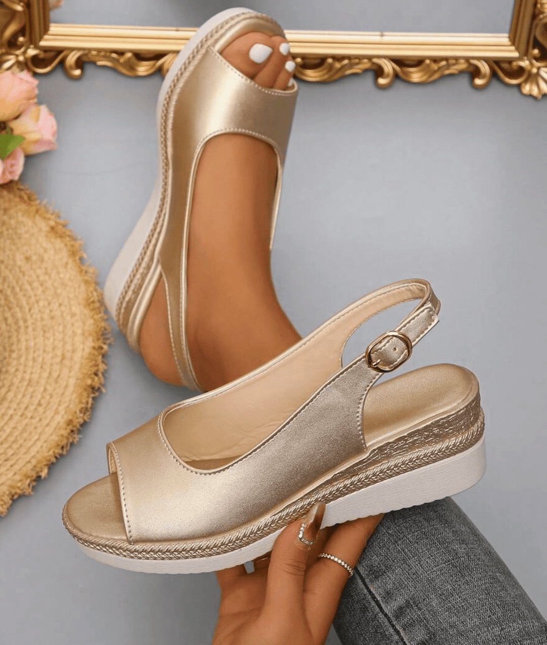 Gold orthopedic sandals with ankle strap and buckle, open toe, wedge sole.