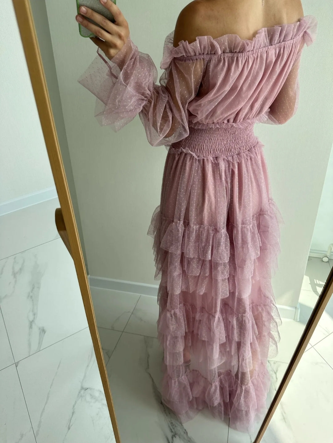 Lilac off-shoulder sheer tiered ruffle dress with smocked bodice