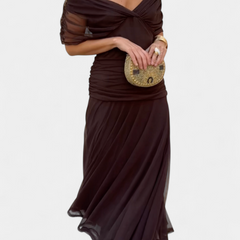 Amarra™ long dress in dark brown, ruched off-shoulder neckline and flowing skirt