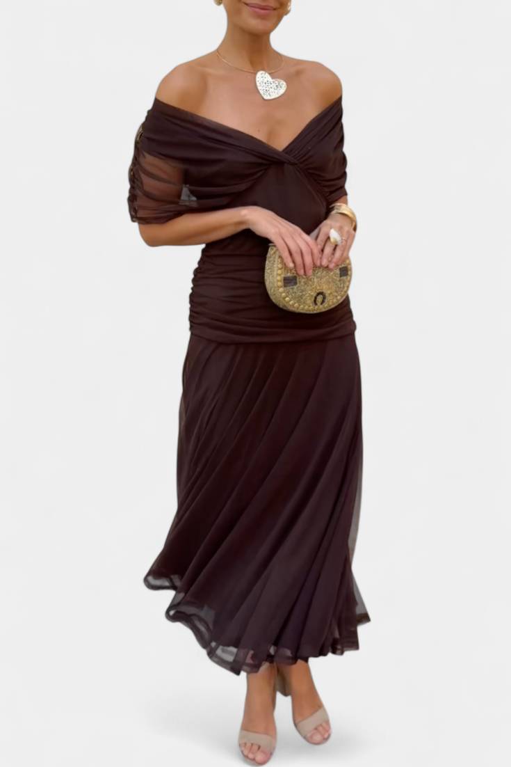 Amarra™ long dress in dark brown, ruched off-shoulder neckline and flowing skirt
