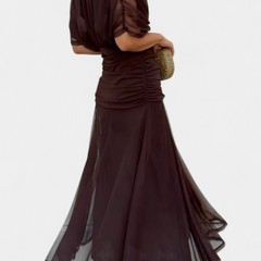 Amarra™ long dark brown dress, draped off-shoulder bodice with sheer hem overlay