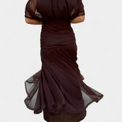 Amarra™ long dark brown dress, gathered back with off-shoulder draped sleeves