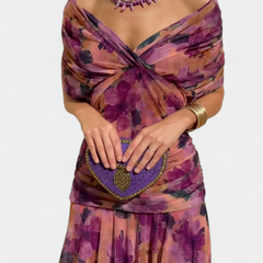 Amarra™ long floral dress in purple, off-shoulder drape with heart beaded pouch