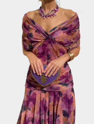 Amarra™ long floral dress in purple, off-shoulder drape with heart beaded pouch