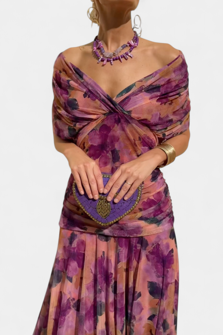Amarra™ long floral dress in purple, off-shoulder drape with heart beaded pouch