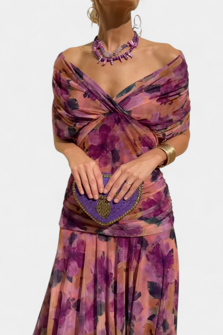 Amarra™ long floral dress in purple, off-shoulder drape with heart beaded pouch