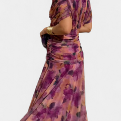 Amarra™ long floral dress in purple, side view with draped off-shoulder and full skirt