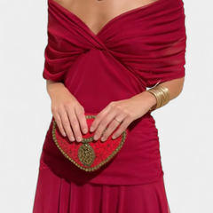 Amarra™ long dress in red, ruched off-shoulder sweetheart with heart beaded pouch