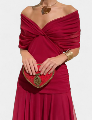 Amarra™ long dress in red, ruched off-shoulder sweetheart with heart beaded pouch
