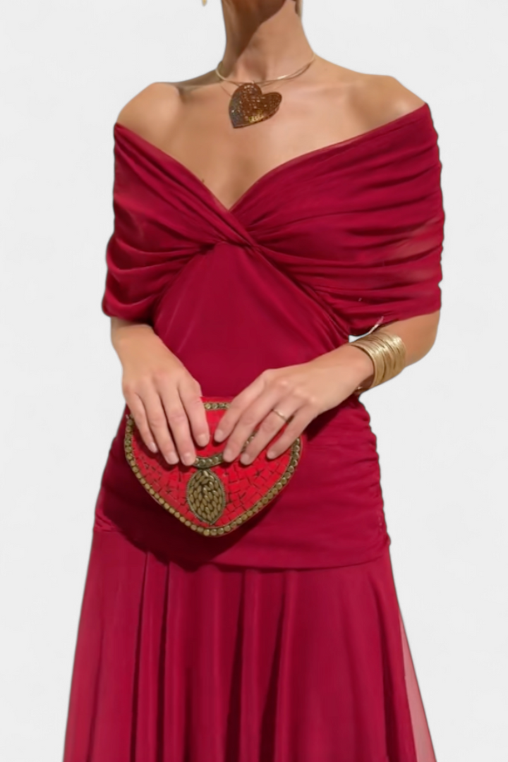 Amarra™ long dress in red, ruched off-shoulder sweetheart with heart beaded pouch