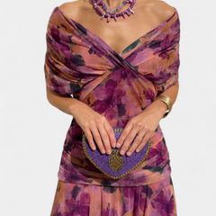 Amarra™ long floral dress in purple, ruched off-shoulder bodice with beaded heart