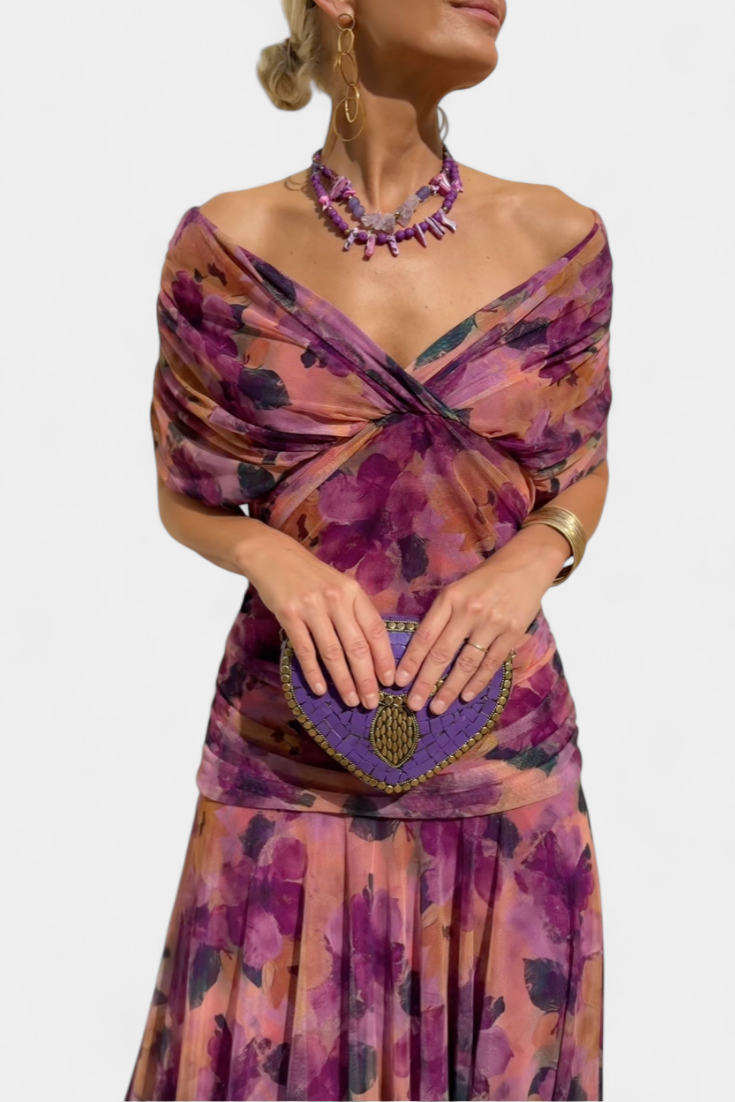 Amarra™ long floral dress in purple, ruched off-shoulder bodice with beaded heart