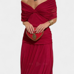 Amarra™ long red dress, draped off-shoulder bodice with gathered waist and skirt