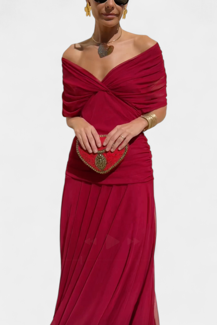 Amarra™ long red dress, draped off-shoulder bodice with gathered waist and skirt