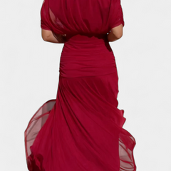 Long red off-shoulder dress with ruched waist and flowing layered skirt