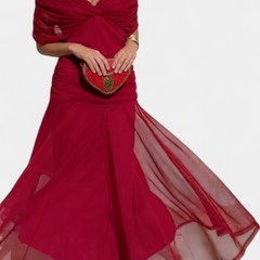 Amarra™ long red dress, off-shoulder twist top with sheer tulle hem overlay