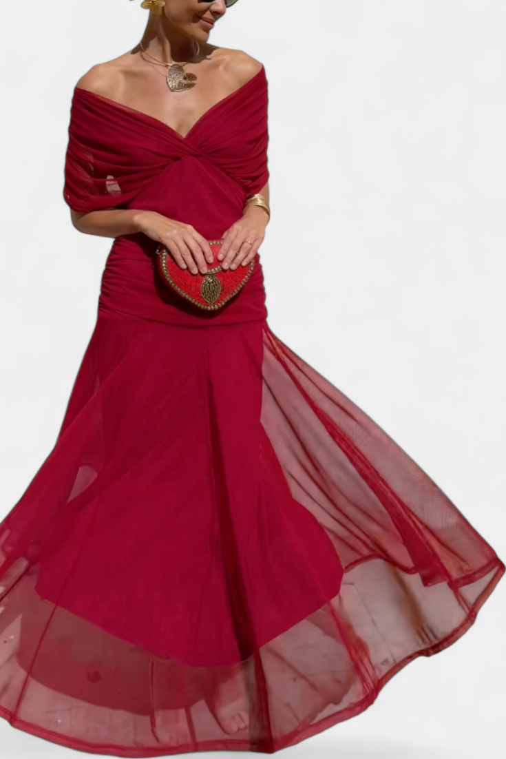 Amarra™ long red dress, off-shoulder twist top with sheer tulle hem overlay