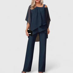 Navy draped off-shoulder top and wide-leg pants two-piece set