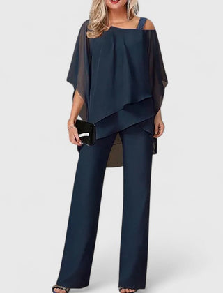 Navy draped off-shoulder top and wide-leg pants two-piece set