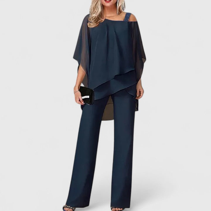 Navy draped off-shoulder top and wide-leg pants two-piece set