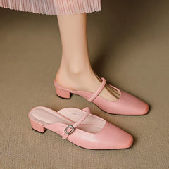 Pink Mary Jane mules insole view, elastic strap with square buckle and low block heel