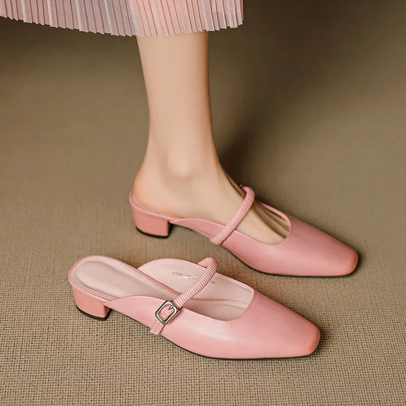 Pink Mary Jane mules insole view, elastic strap with square buckle and low block heel