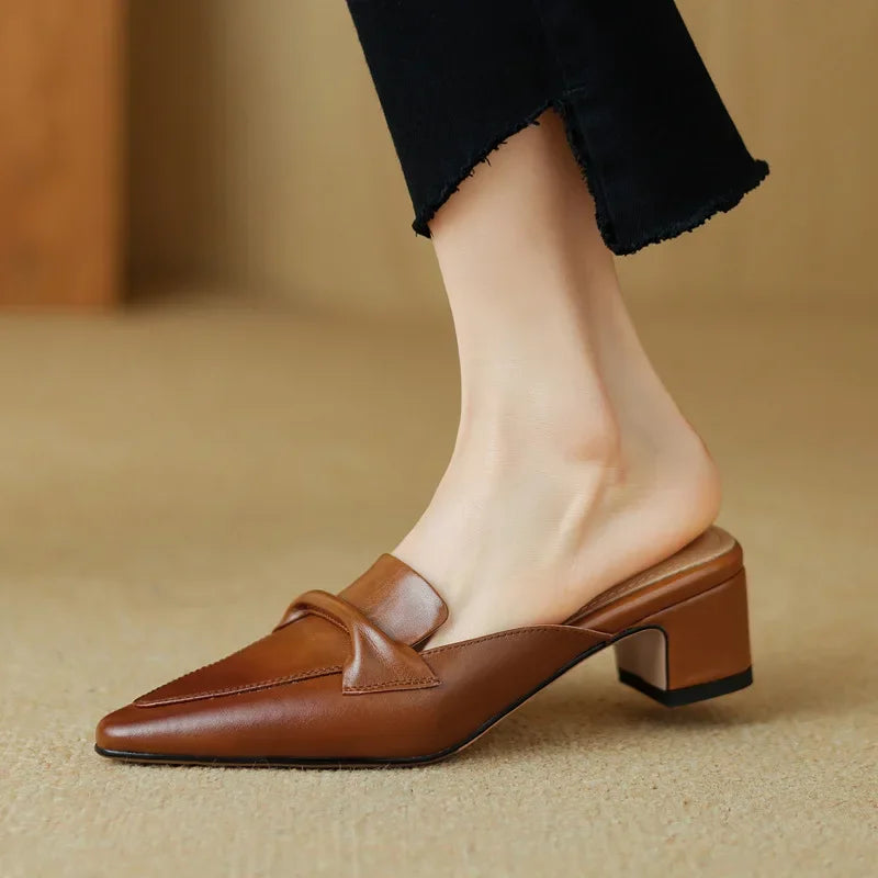 Brown mule with pointed toe, slip-on V-shaped strap, and low block heel