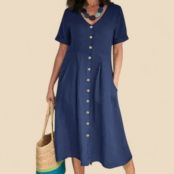 Navy short-sleeve button-front V-neck midi dress with gathered waist