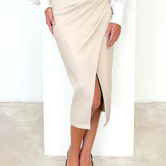 Beige leather pencil midi skirt with wrap drape and side front slit