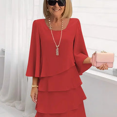 Red ruffle tiered dress with flared sleeves and square neckline