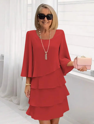 Red ruffle tiered dress with flared sleeves and square neckline