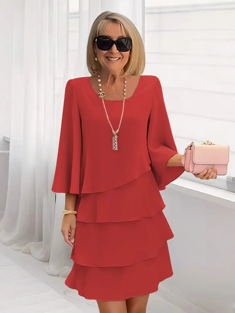 Red ruffle tiered dress with flared sleeves and square neckline