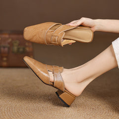 Apricot genuine leather mule with buckle strap and low block heel
