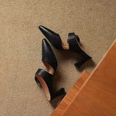 Garnet genuine leather heels, black pair with block heel and slingback strap